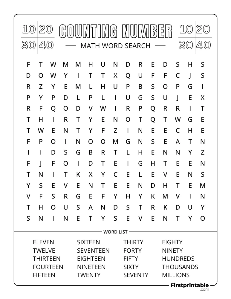 Math Word Search - Counting Numbers - Medium 02