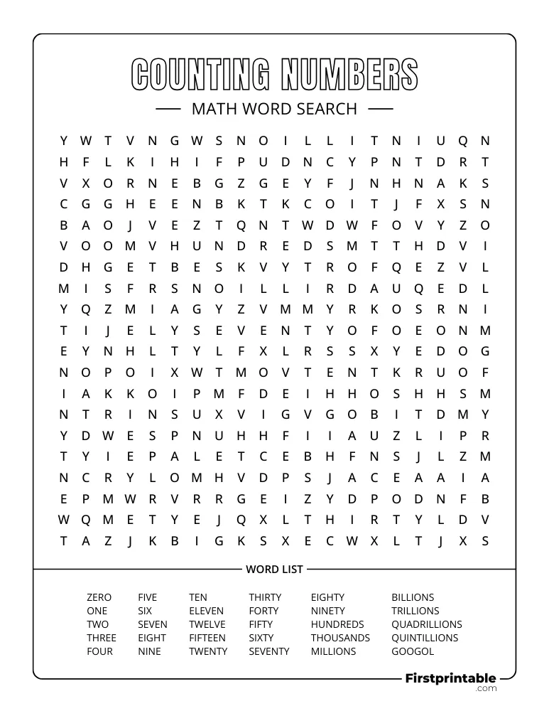 Math Word Search - Counting Numbers - Hard 02