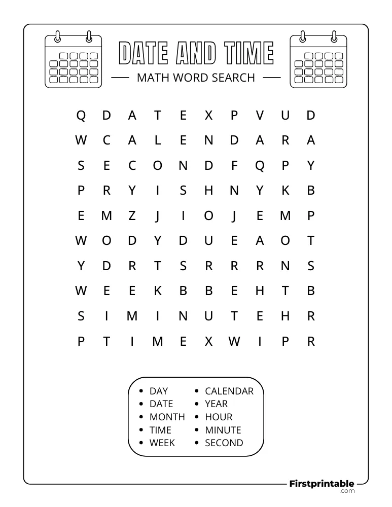 Math Word Search - Date and Time - Easy 05