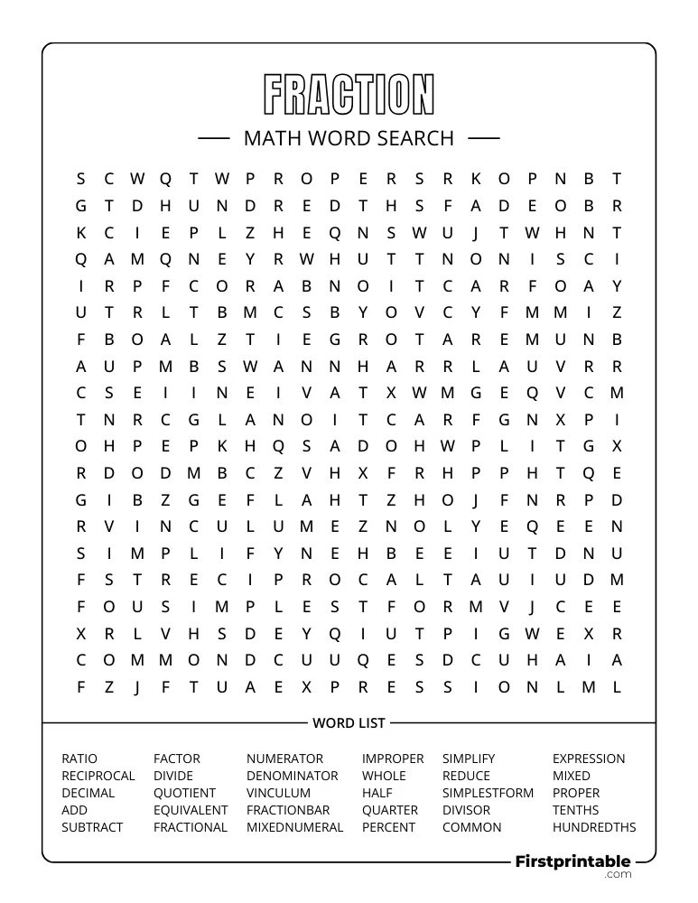Math Word Search - Fraction - Hard 07