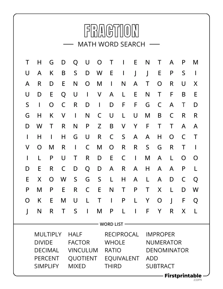 Math Word Search - Fraction - Medium 07