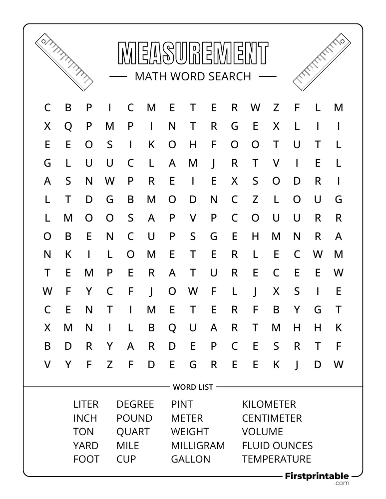 Math Word Search - Measurement - Medium 05