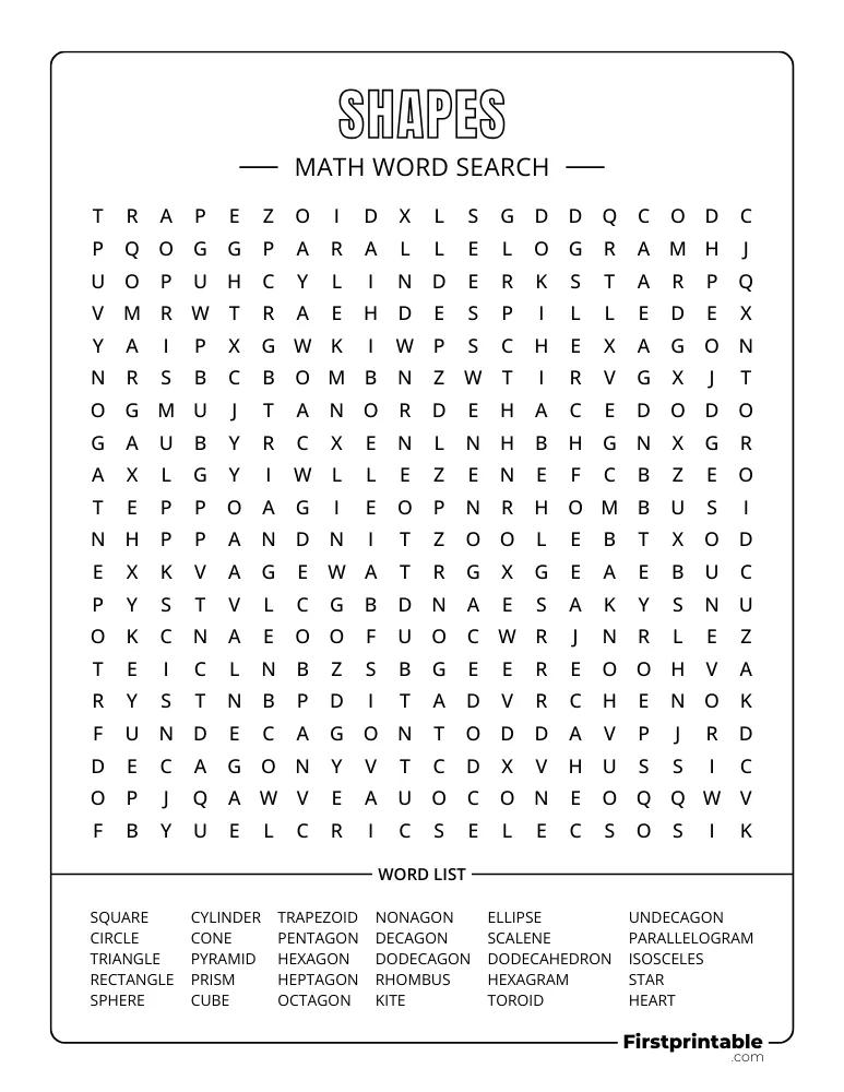 Math Word Search - Shapes - Hard 03