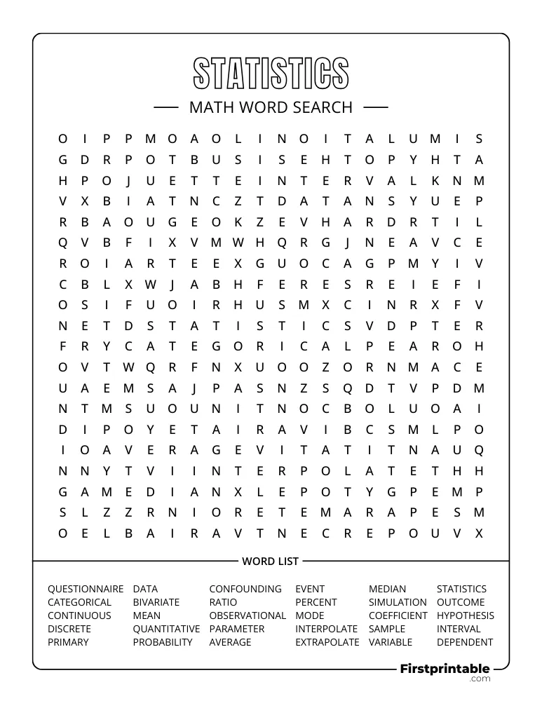 Math Word Search - Statistics - Hard 10