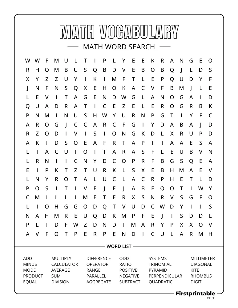 Math Word Search - Vocabulary - Hard 01