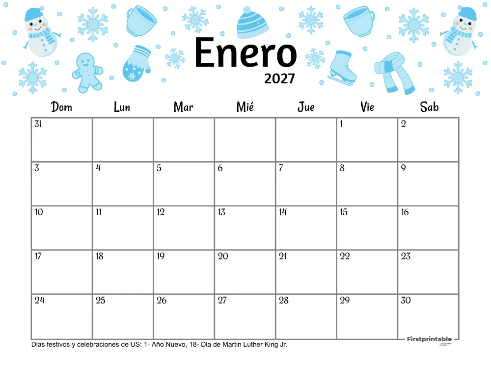 Calendario de enero de 2027 - Tema de invierno