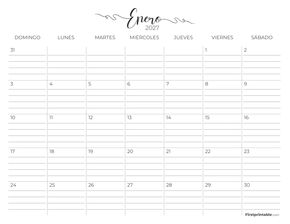 Calendario de enero de 2027 con líneas 02