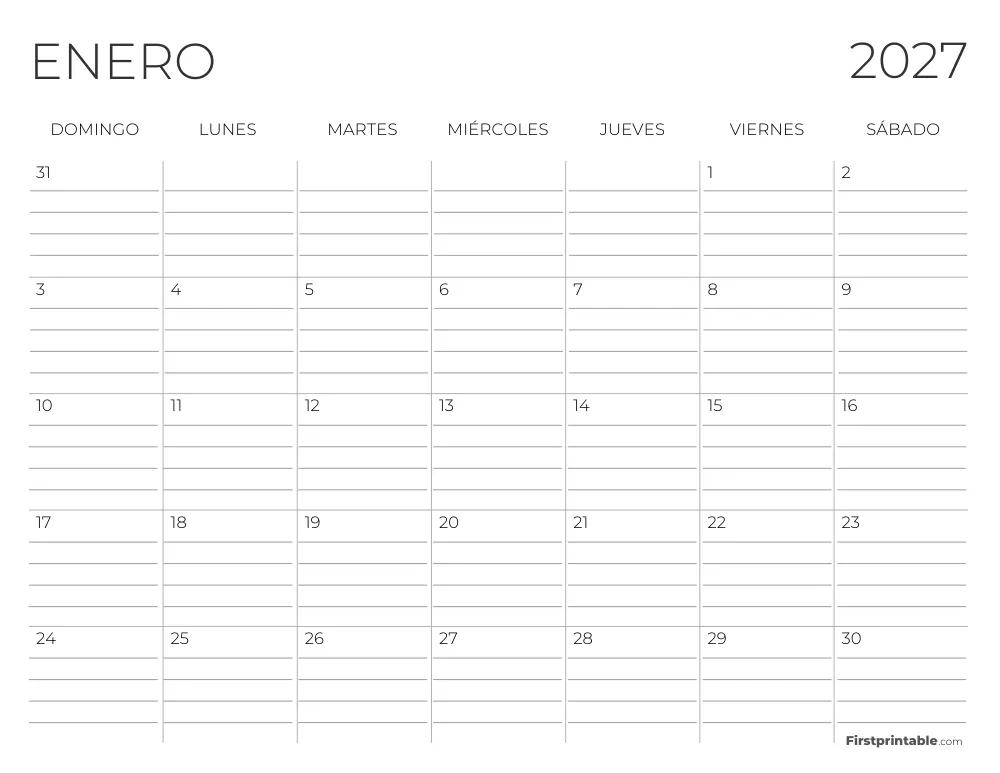 Calendario de enero de 2027 con líneas
