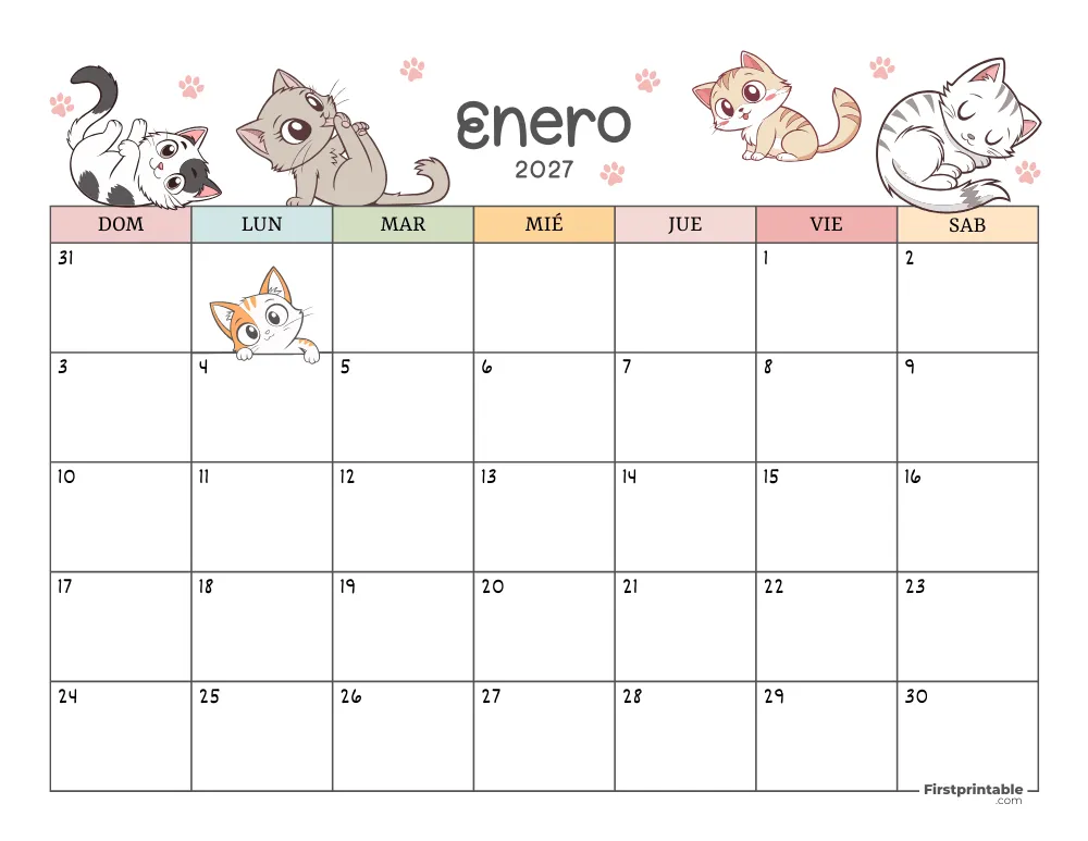 Calendario de enero de 2027 con temática de gatos 01