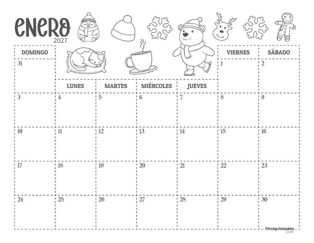 Calendario de enero de 2027 con temática de invierno 01