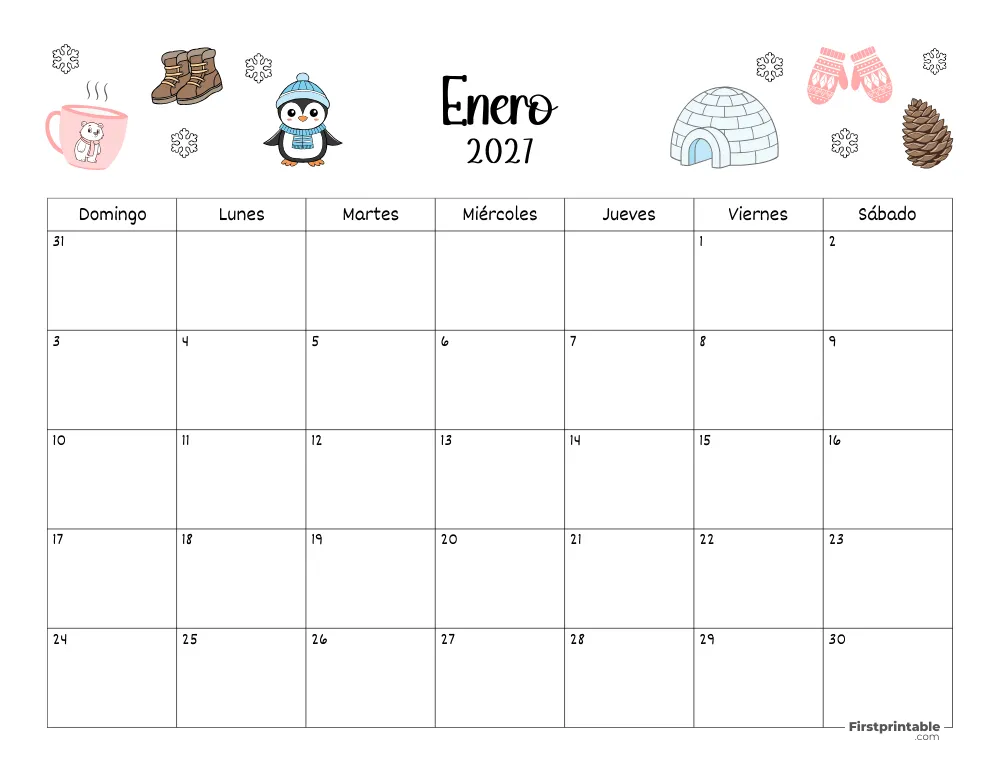 Calendario de enero de 2027 con temática de invierno 02