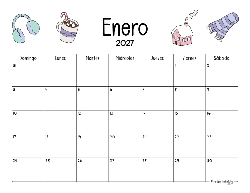 Calendario de enero de 2027 con temática de invierno 05