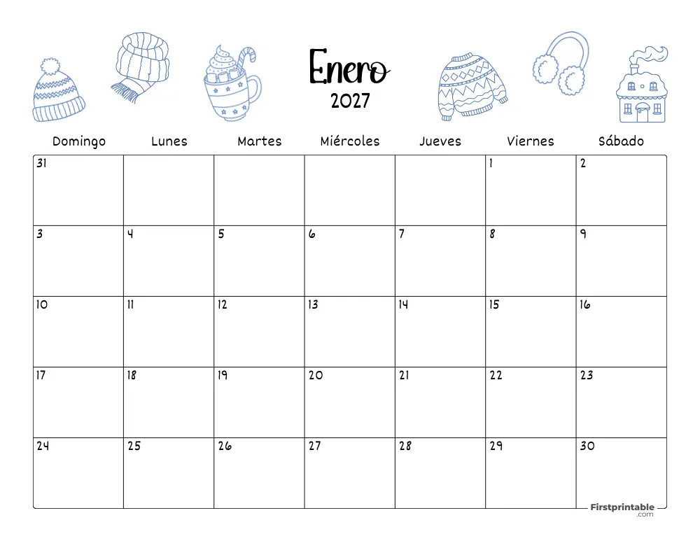 Calendario de enero de 2027 con temática de invierno 06