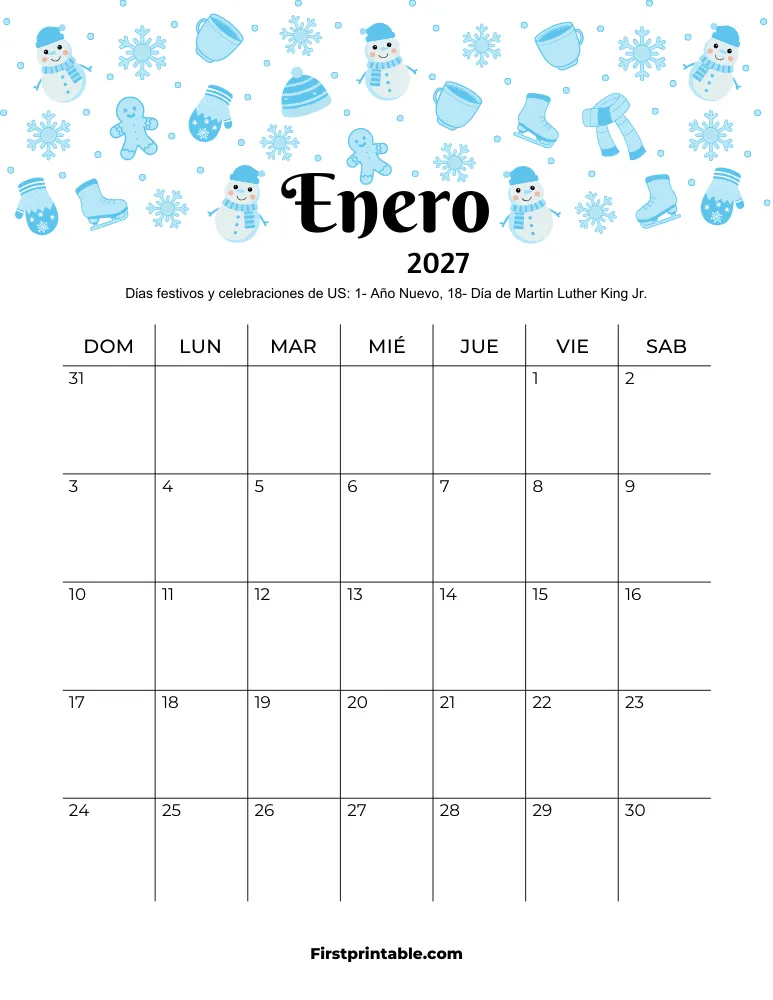 Calendario de enero de 2027 con temática de invierno