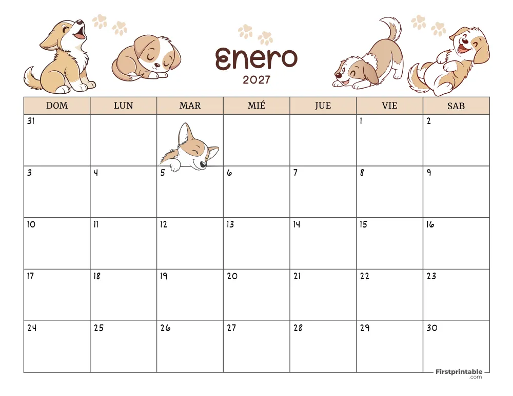 Calendario de enero de 2027 con temática de perros 01