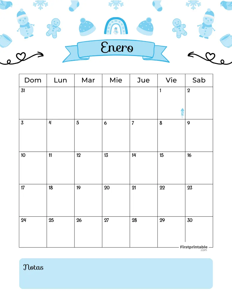 Calendario de enero de 2027 para imprimir plantilla de invierno 01