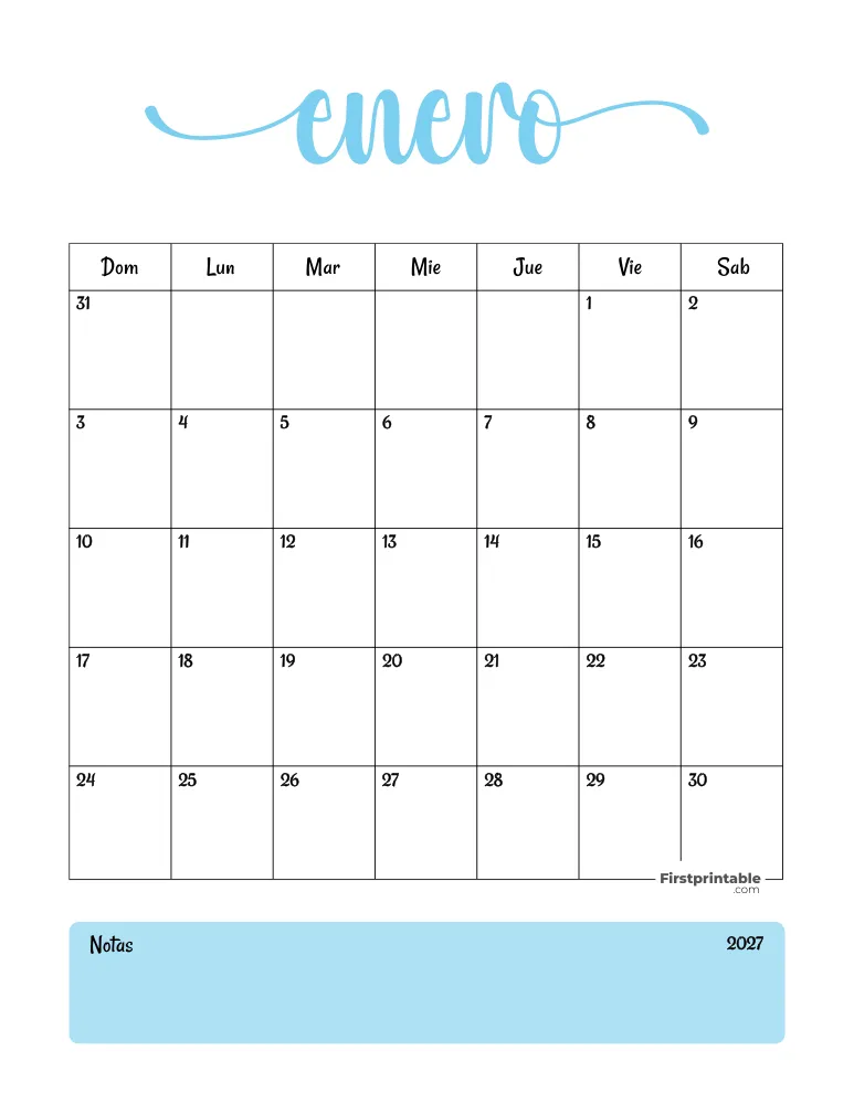 Calendario de enero de 2027 para imprimir plantilla de invierno 04