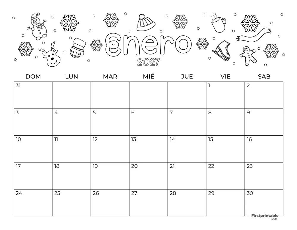 Calendario de enero de 2027 - temática de invierno