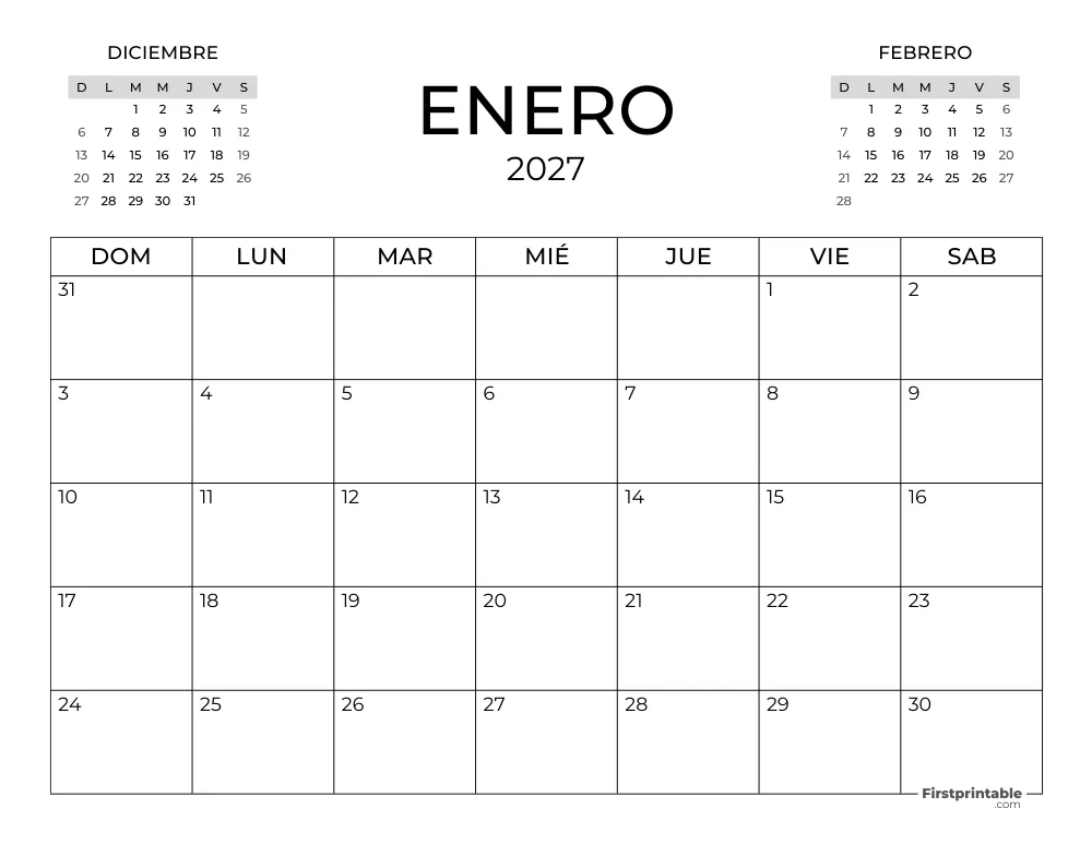 Calendario de enero de 2027