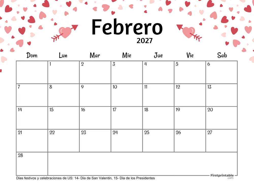 Calendario de febrero de 2027 - Tema de San Valentín