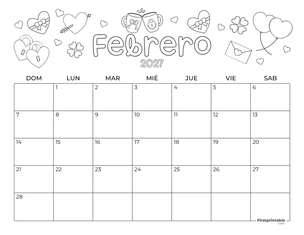 Calendario de febrero de 2027 - Tema del Día de San Valentín