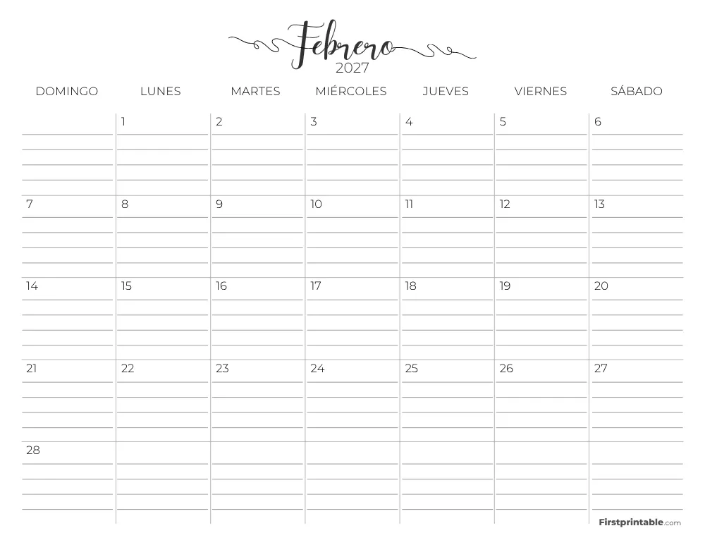 Calendario de febrero de 2027 con líneas 02