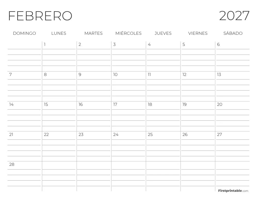 Calendario de febrero de 2027 con líneas