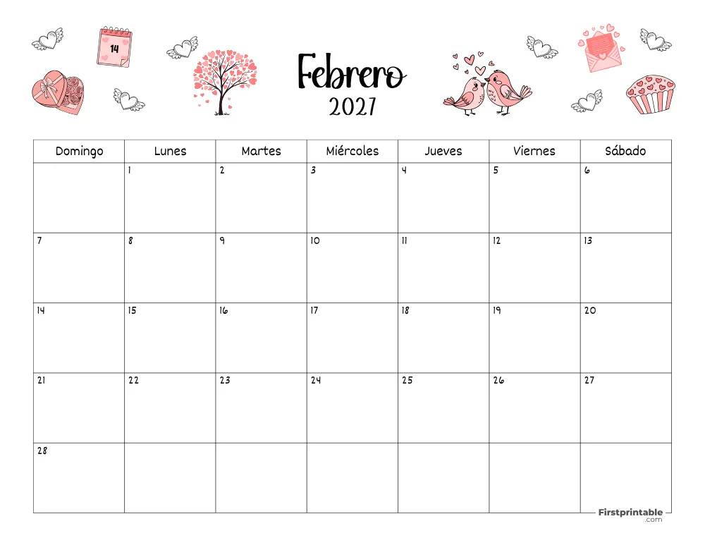 Calendario de febrero de 2027 con temática de San Valentín 02