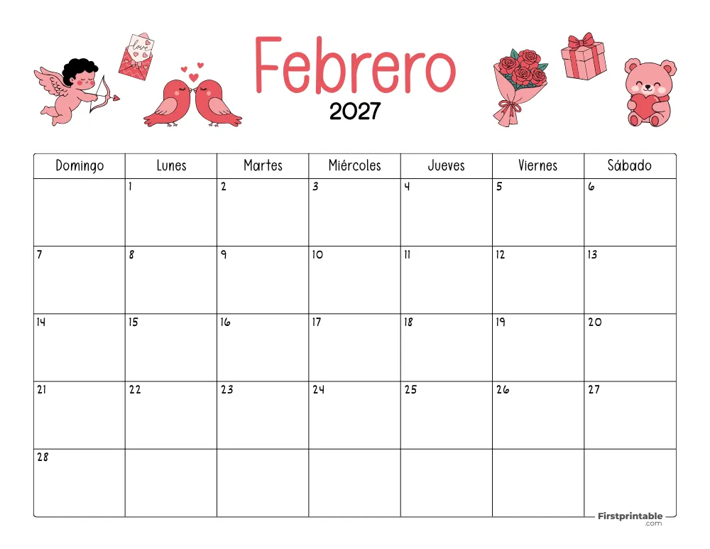 Calendario de febrero de 2027 con temática de San Valentín 04