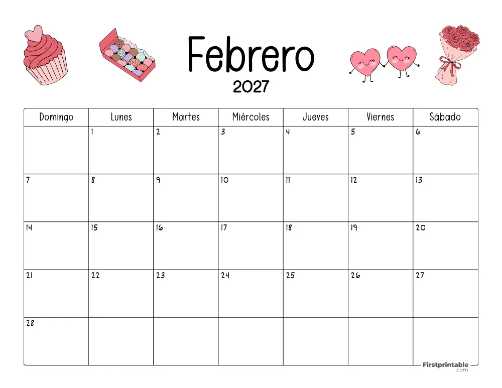 Calendario de febrero de 2027 con temática de San Valentín 05