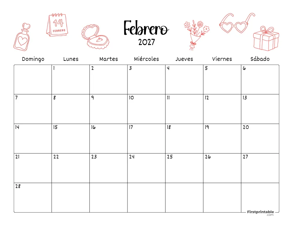 Calendario de febrero de 2027 con temática de San Valentín 06