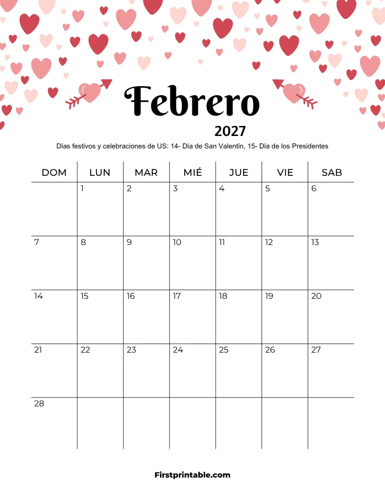 Calendario de febrero de 2027 con temática de San Valentín