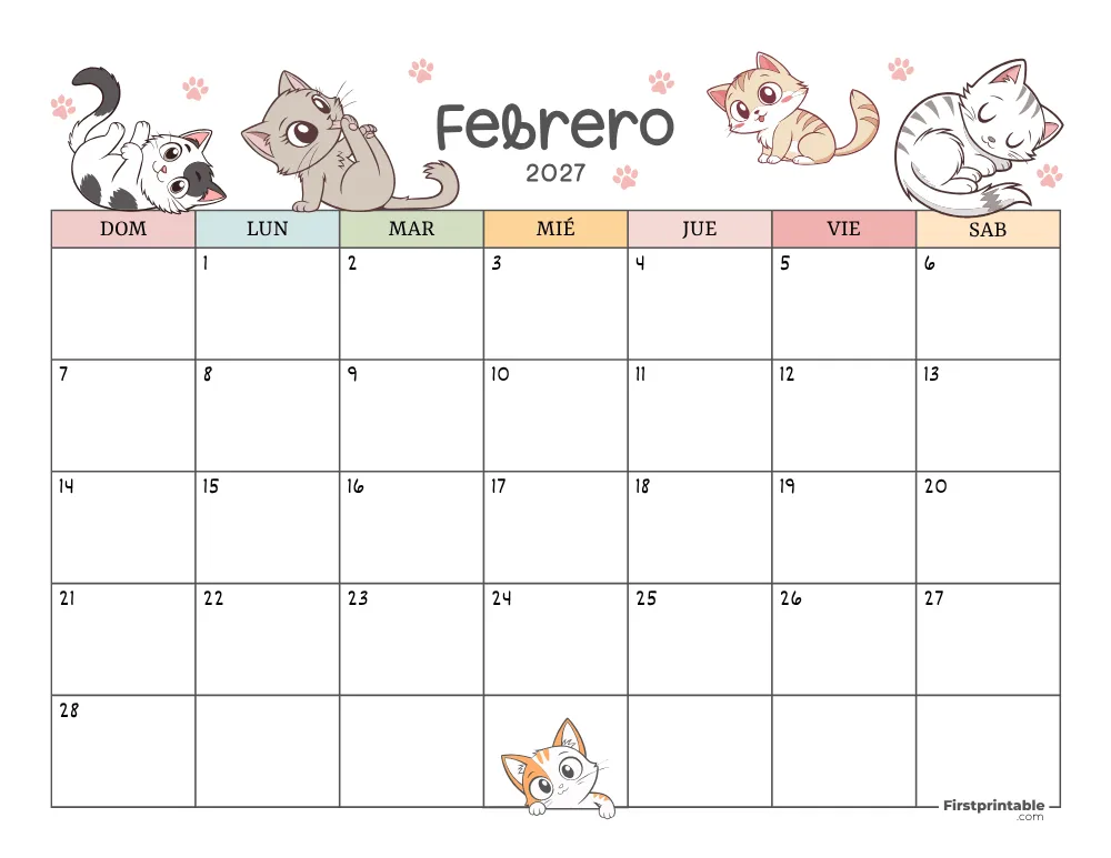 Calendario de febrero de 2027 con temática de gatos 01