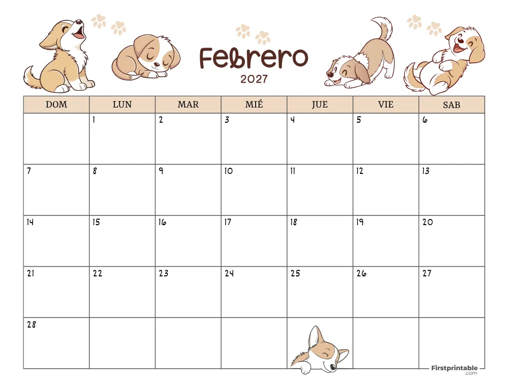 Calendario de febrero de 2027 con temática de perros 01