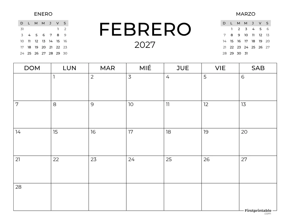 Calendario de febrero de 2027