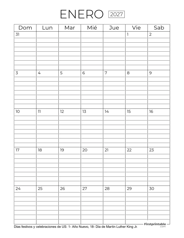 Calendario enero 2027 con líneas