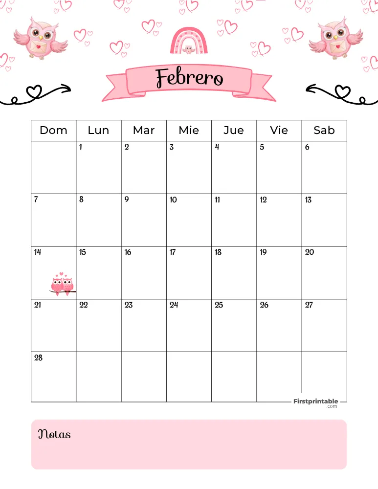 Calendario imprimible de febrero de 2027, plantilla de San Valentín 01