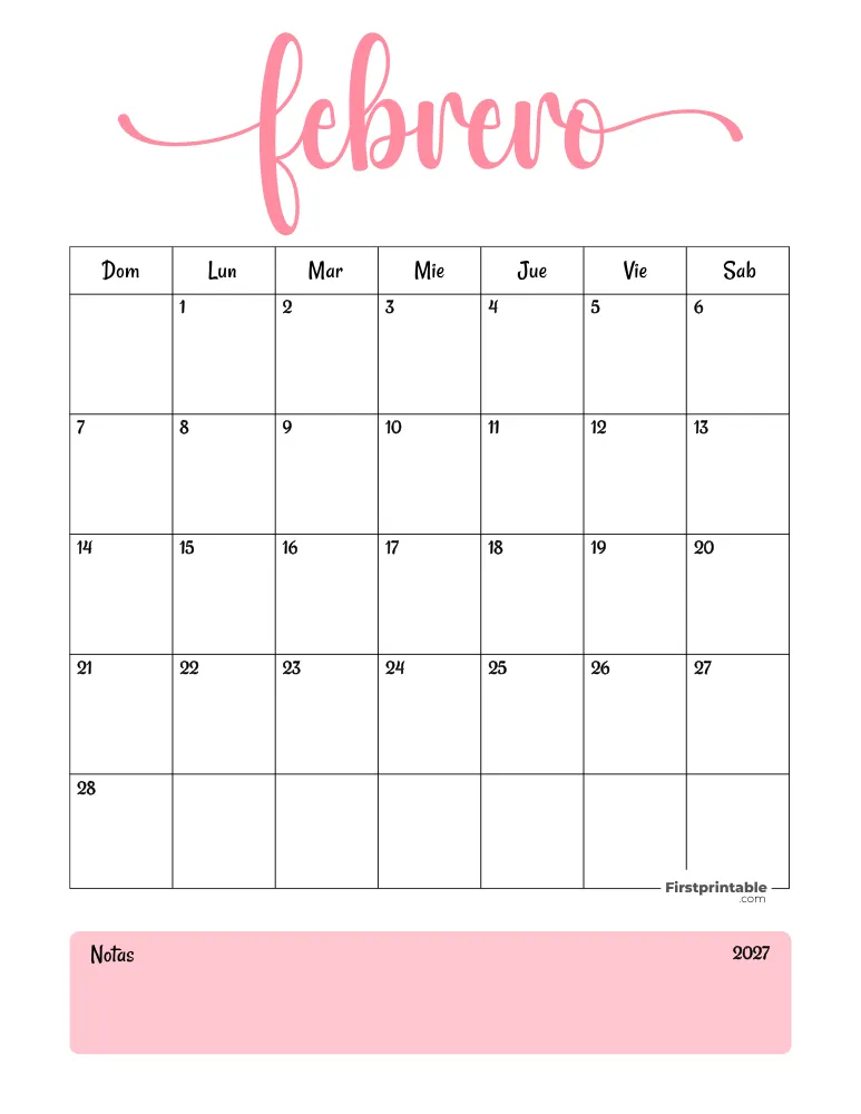 Calendario imprimible de febrero de 2027, plantilla de San Valentín 04