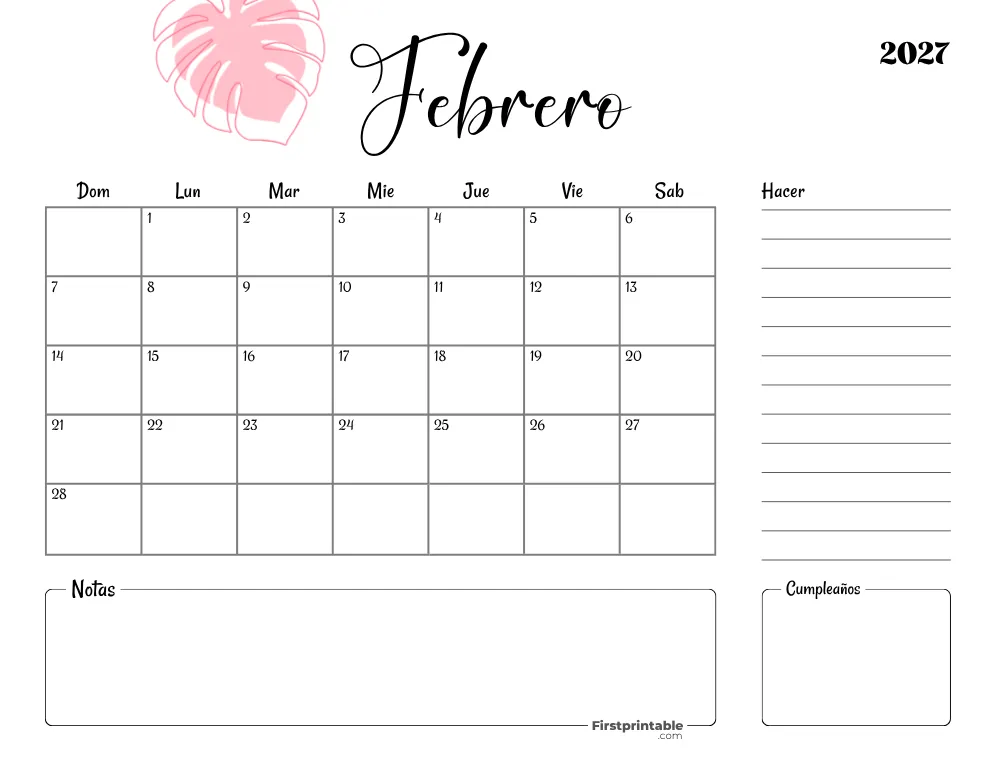 Calendario imprimible de febrero de 2027, plantilla de San Valentín 18