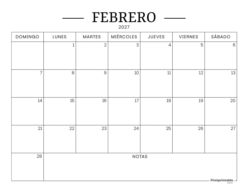 Calendario imprimible de febrero de 2027