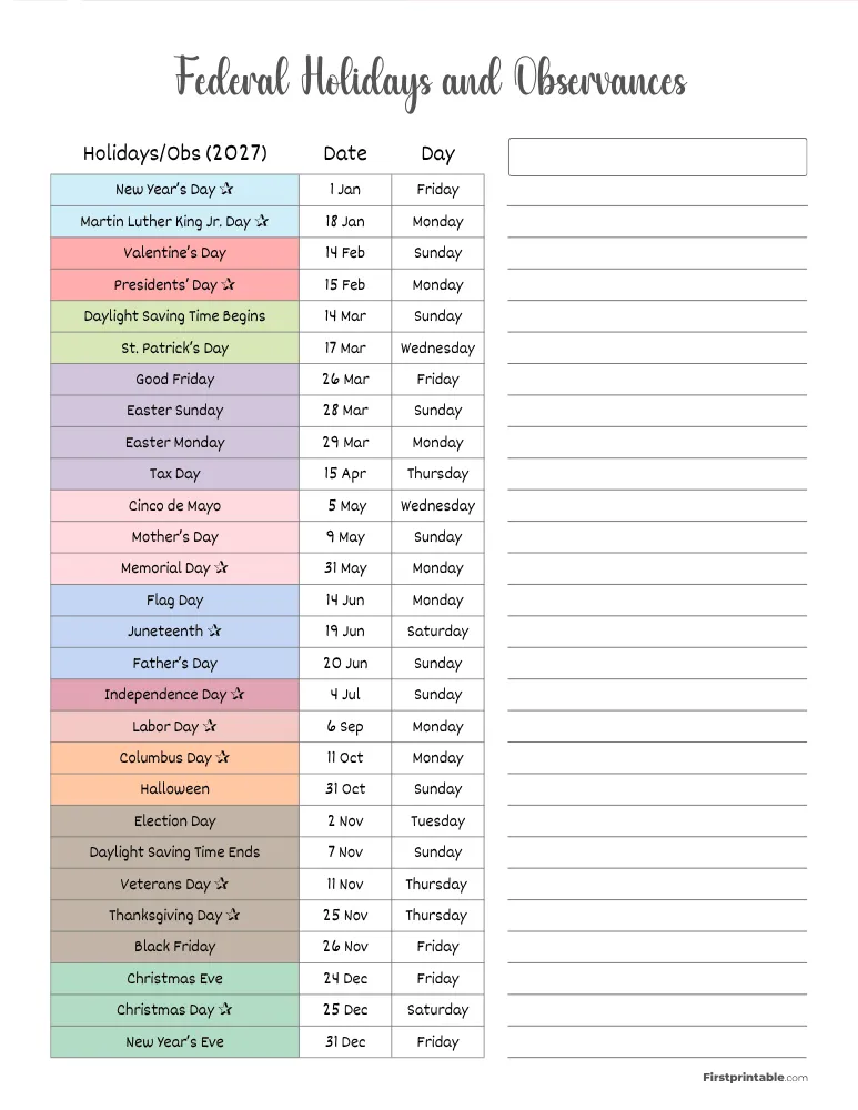 Complete List of US Holidays 2027 Template 01