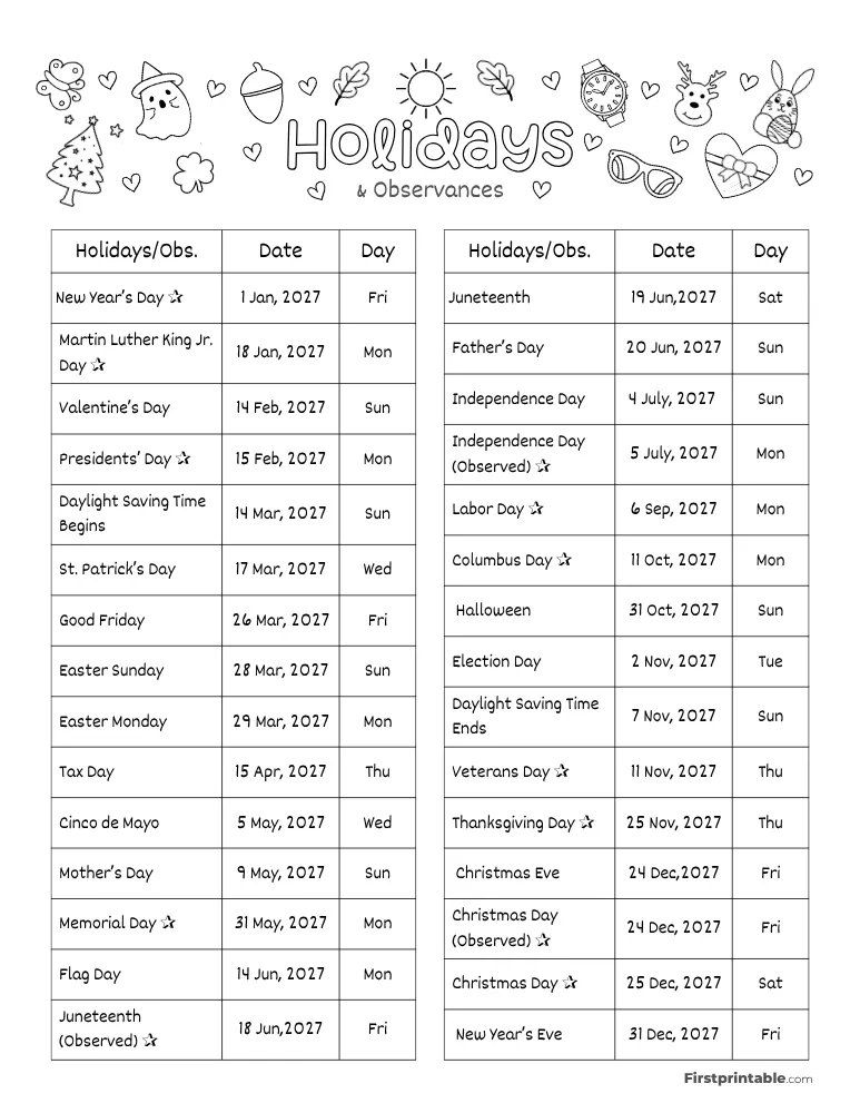 Complete List of US Holidays 2027 Template 02