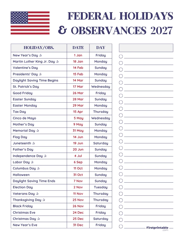 Complete List of US Holidays 2027 Template 03