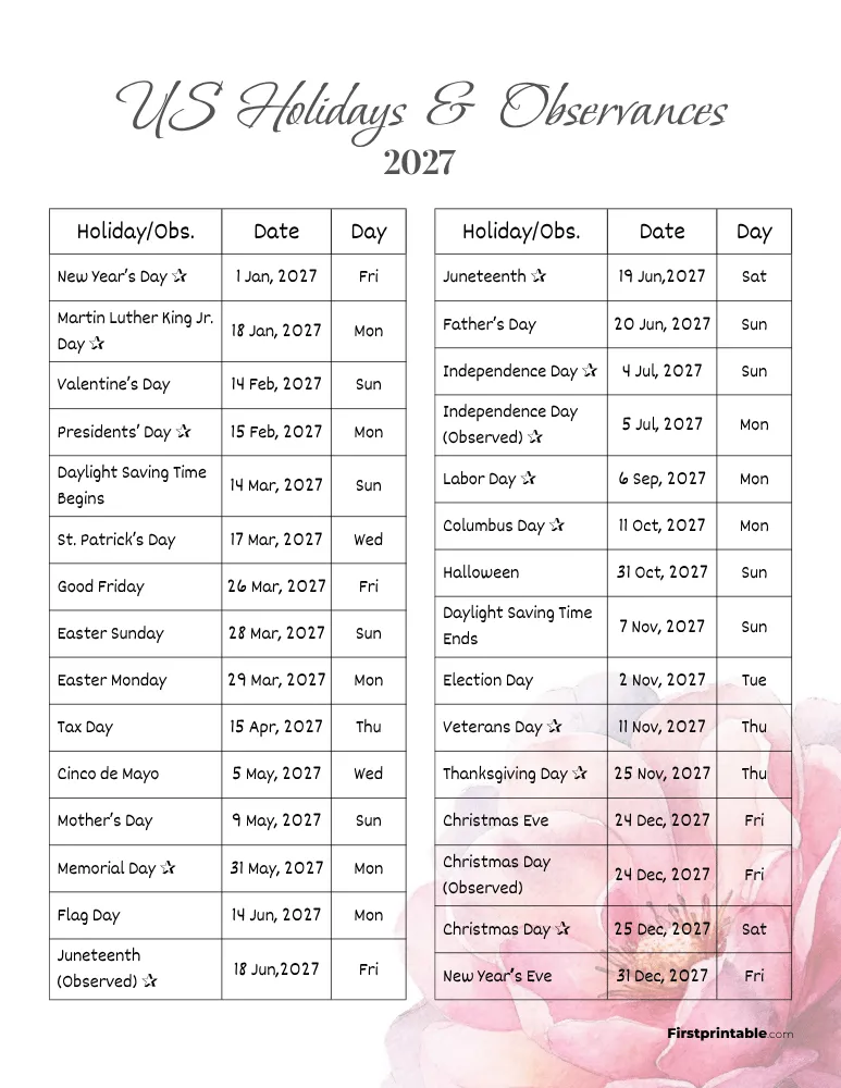 Complete List of US Holidays 2027 Template 04