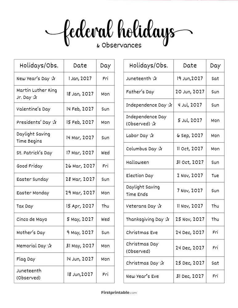 Complete List of US Holidays 2027 Template 05