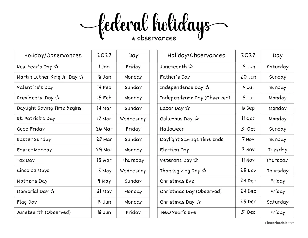 Complete List of US Holidays 2027 Template 06