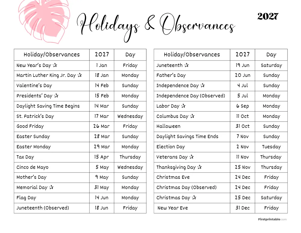 Complete List of US Holidays 2027 Template 07