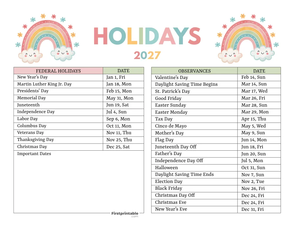 Complete List of US Holidays 2027 Template 08