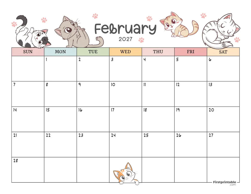 February 2027 Calendar Cat Themed 01