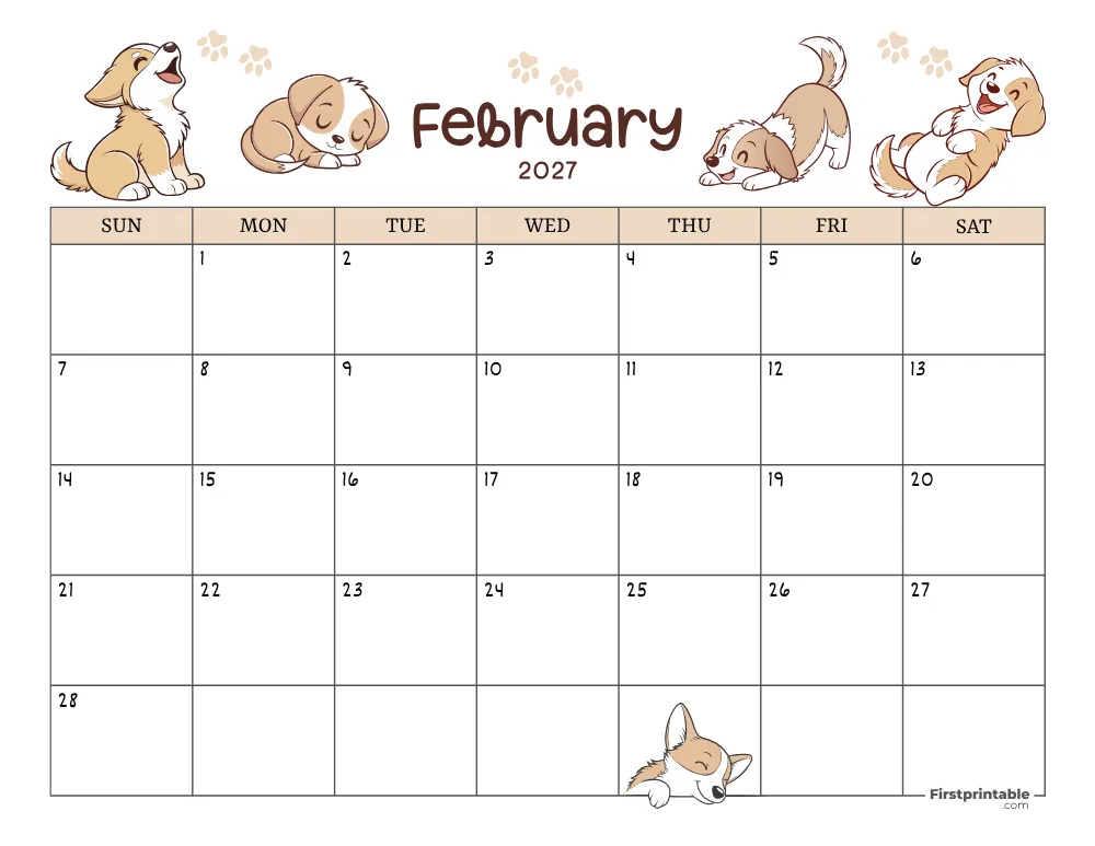 February 2027 Calendar Dog Themed 01